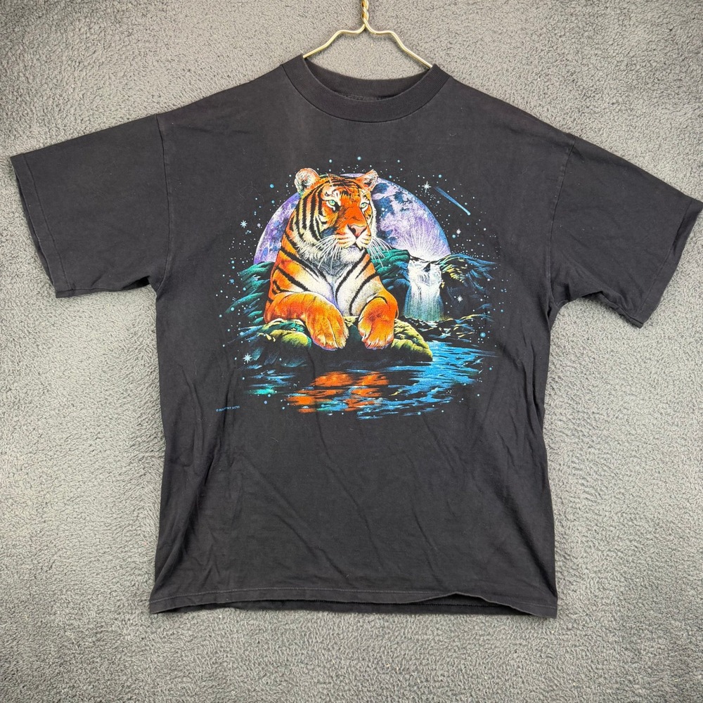 Vintage Habitat Tiger Moon Waterfall Graphic T-Shirt Black XL Made in USA 90s